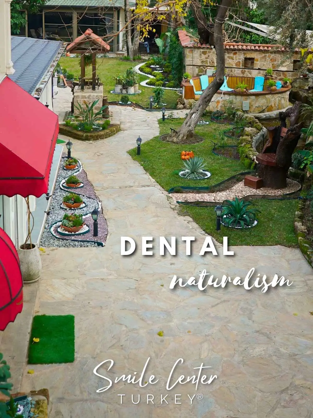 Landscaped clinic garden with stone paths and seating at Smile Center Turkey® in Antalya