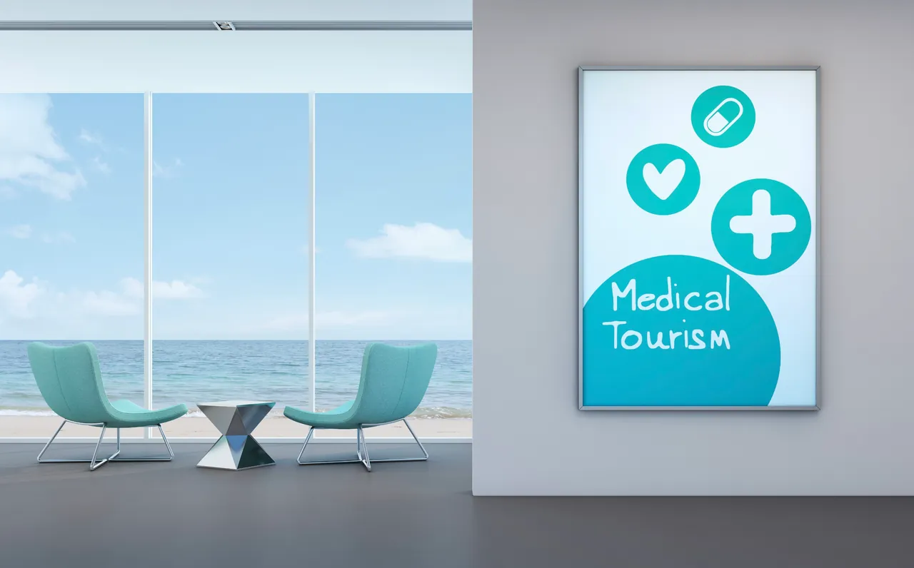 Bright dental clinic lounge in Antalya with a sea view.